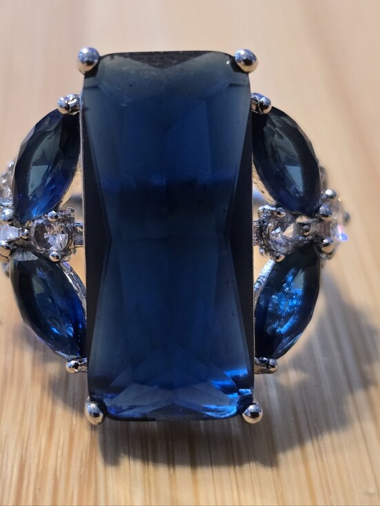 No brand Jewelry - Blue Sapphire Emerald Cut Cocktail Ring Silver Statement Cluster Band